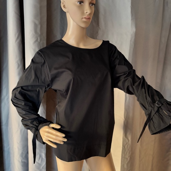 MELLODAY Tops - MELLODAY Black Blouse with Crew Neck Bell Sleeves and Tie Front